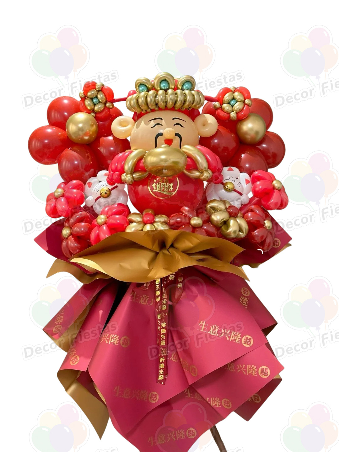 Cesta-de-flores-para-regalo-de-ceremonia-de-apertura,-Dios-de-la-Fortuna-y-gato-de-la-suerte.